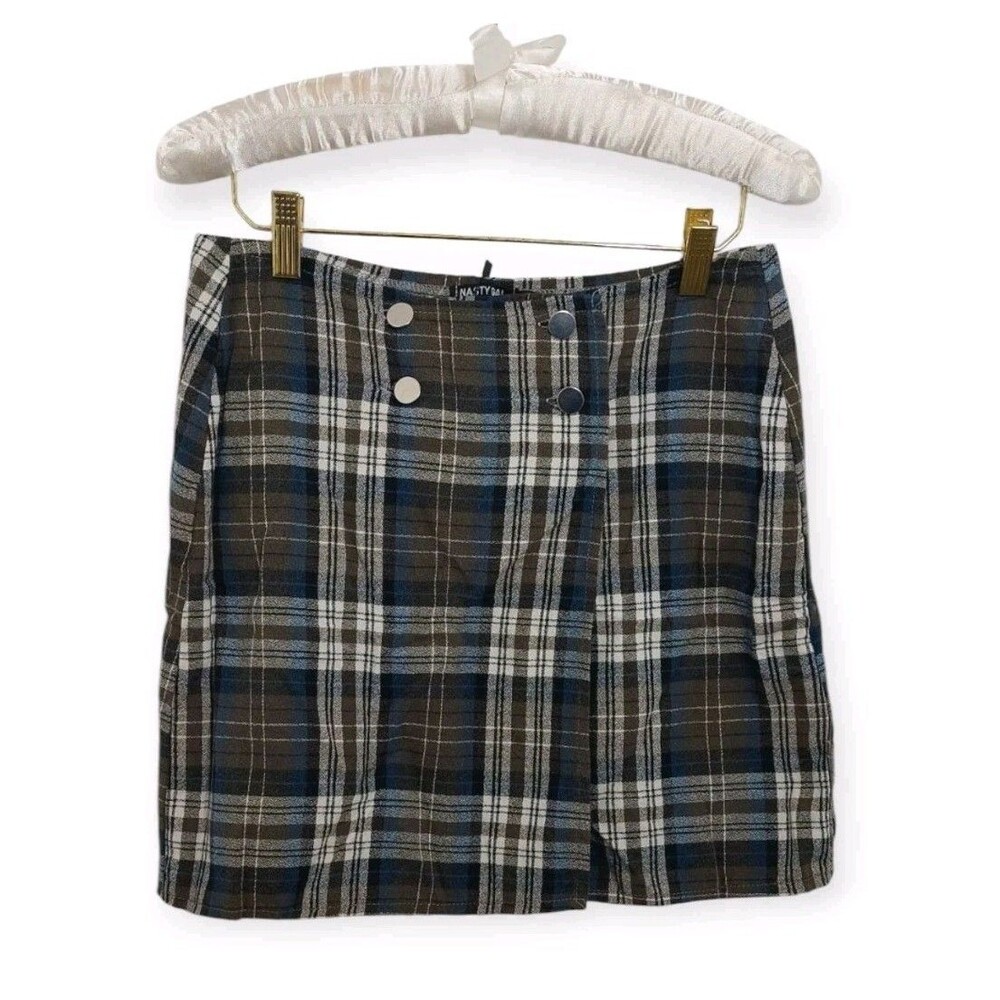 Nasty Gal Women's Size Small Skirt Wrap Button Green Plaid Check Print